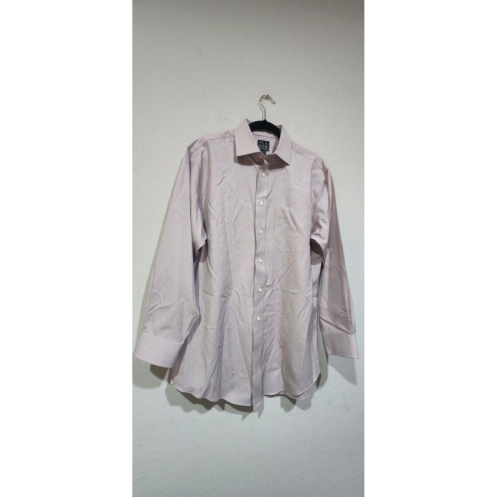 Jos. A. Bank Mens Dress Shirt White Brown Stripe Long Sleeve Pocket Size 16-32